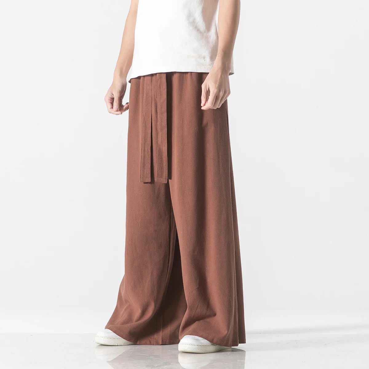 Japanese Breathable Loose Belt Jogging Pants Cotton and Linen Retro Men's Harem Pants Harajuku Straight Wide Leg Sports Pants