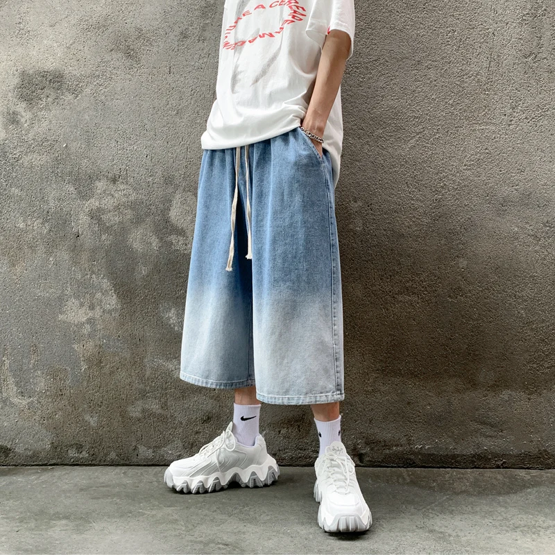 2022 Summer New Gradient Short Jeans for Men Korean Fashion Streetwear Baggy Straight Wide Leg Denim Shorts Male