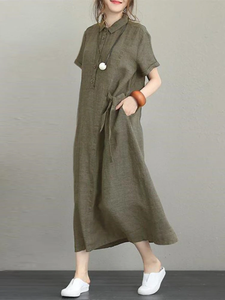 

Summer Dress Women 2023 Cotton Linen Vintage Casual Loose Oversie Lapel Short-sleeved Dress New In Summer Mid-length Long Dress