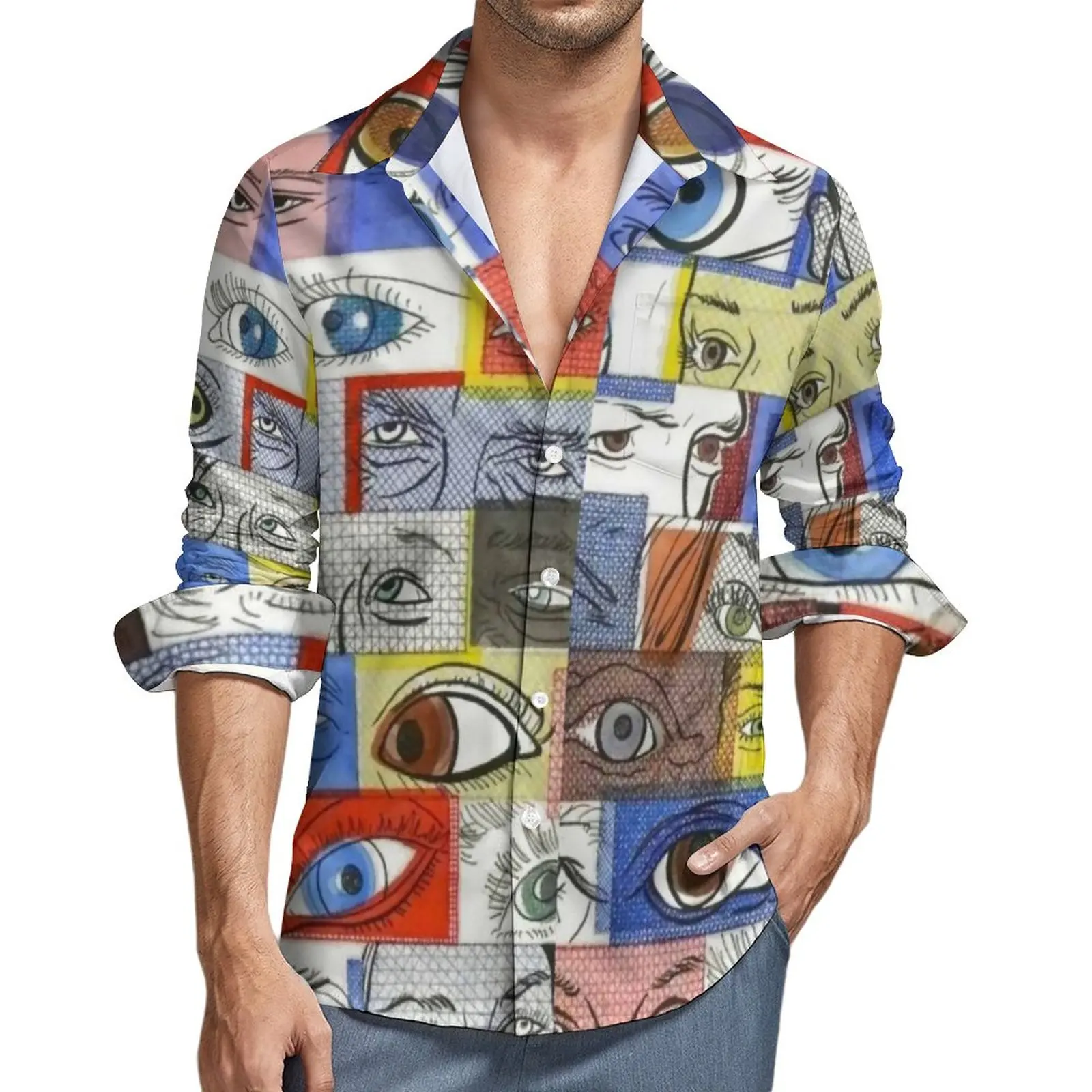

Рубашка с рисунком глаз граффити для мужчин, повседневные рубашки с рисунками глаз, эстетическая графическая блузка с длинным рукавом, своб...