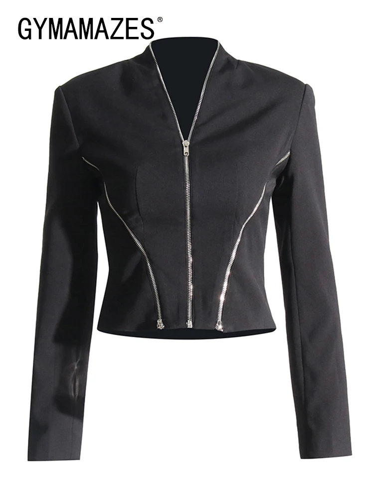

GYMAMAZES однотонные повседневные блейзеры для женщин с V-образным вырезом длинным рукавом Туника пэчворк на молнии приталенный Блейзер женская модная одежда 2023