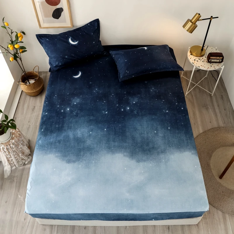 

2/3 pcs Fitted Bed Sheet Sets Blue Night Sky Reactive Prined Bed Sheets and Pillowcase drap de lit Sheet on Elastic