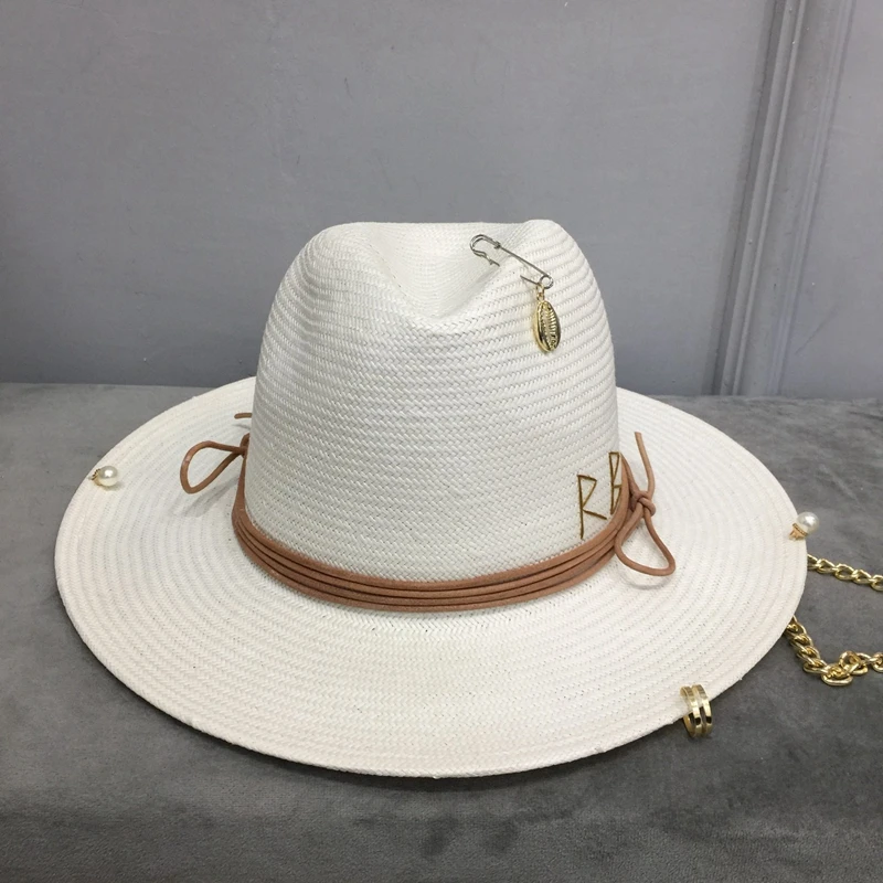 Wide Brim Panama Hat Chain Strap Straw Fedora hat for women White summer Hat with chains shells pearls Wide Brim sun hat Beach