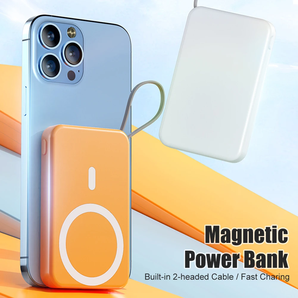 

New 15W Power Bank 10000mAh Mini Magnetic Wireless Fast Charge With 2 In 1 Cable LED Display For IPhone Samsung Huawei Xiaomi