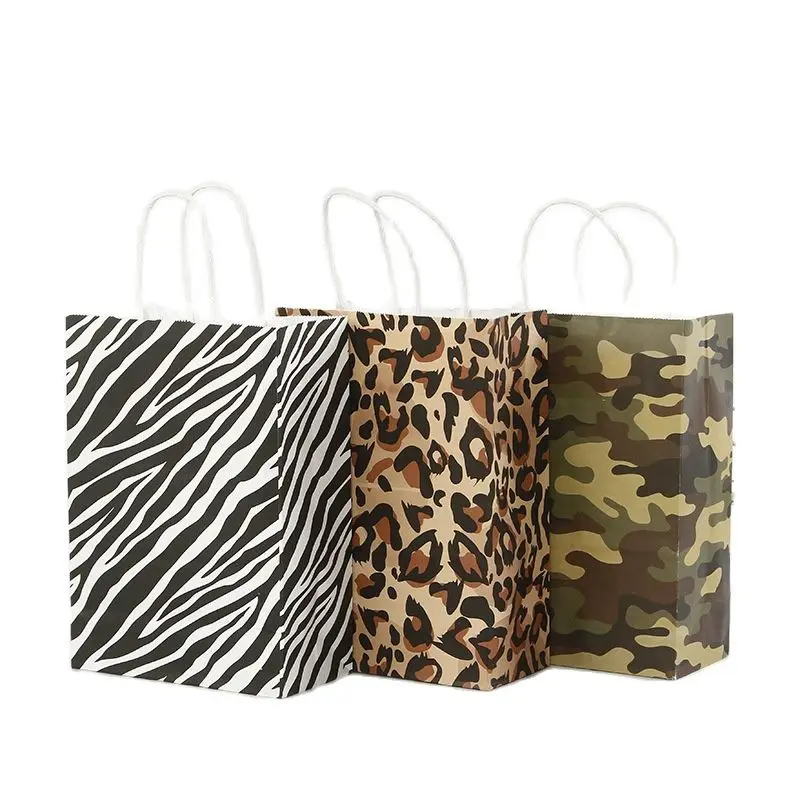 

5pcs Kraft Paper Bag Wedding Party Gift Paper Bag Leopard Print Birthday Tote Bag Shipping Bag With Handle Packaging