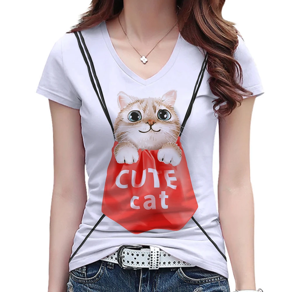 

2022 Funny Cute Cat 3d Print Short Sleeve Tops Sexy Women V Neck T Shirts Cloth Bag Cat Printed Tee Shirt