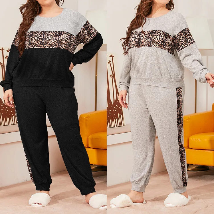 Autumn and Winter Plus Size Women's Casual Suit French Velvet Leopard Print Long-sleeved Trousers with Contrast Stitching