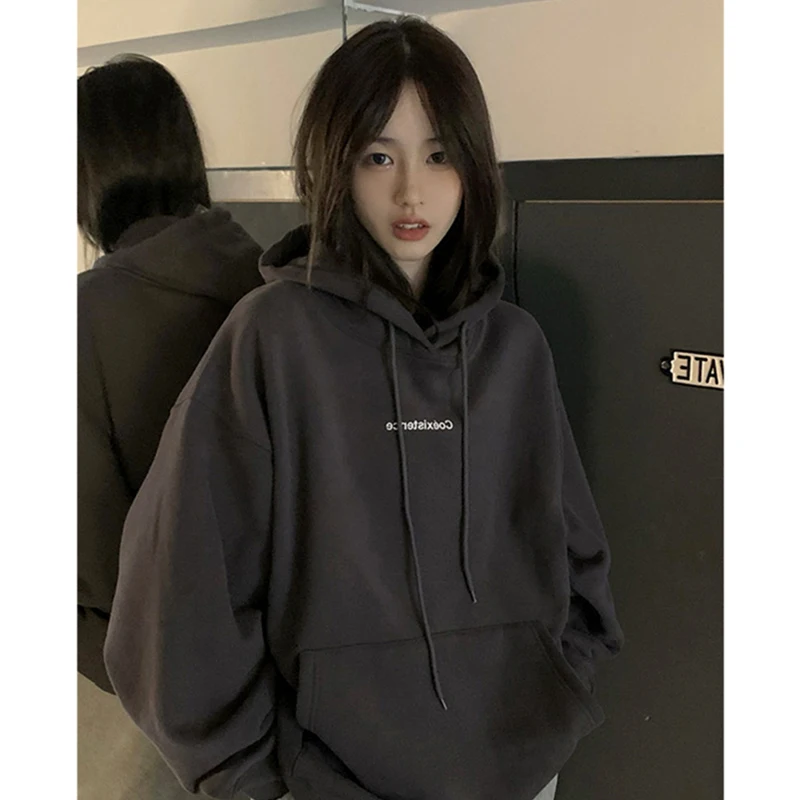 Dark Grey Hoodie Fleece Thicken Sweatshirt Long Sleeve Korean Letter Printing Tops Pullover Autumn Hoodie