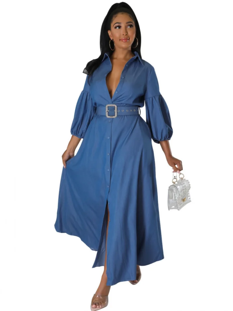 

2022 Autumn Winter Fashion Denim A-Line Maxi Dress Casual Cute Women Blouse Shirt Dresses Long Sleeve Big Size Vestidos