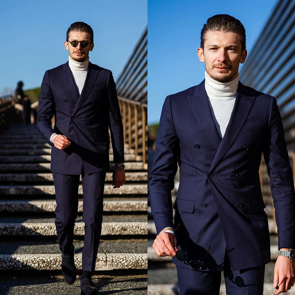 Men suit Tailor-Made 2 Pieces Blazer Pants British Style Pinstripe Navy Blue Wedding Business Causal Prom Daily Tailored