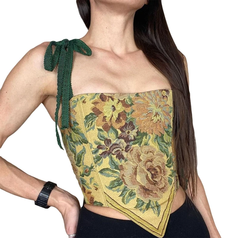 

Винтажный корсет с цветочным принтом, майка, топ, женский эластичный облегающий Топ без рукавов с высокой талией, корректирующий фигуру поя...