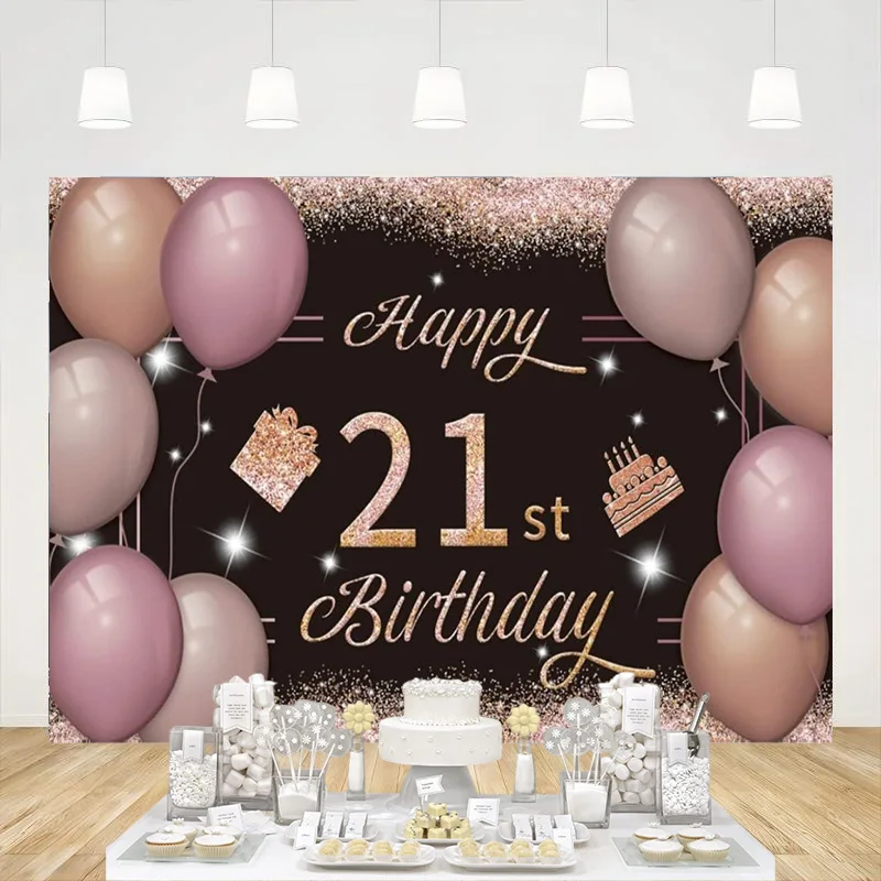 

Happy 21st Birthday Backdrop Banner Black Pink Poster Twenty-one Years Old Party Photography Background Decoration Booth Props