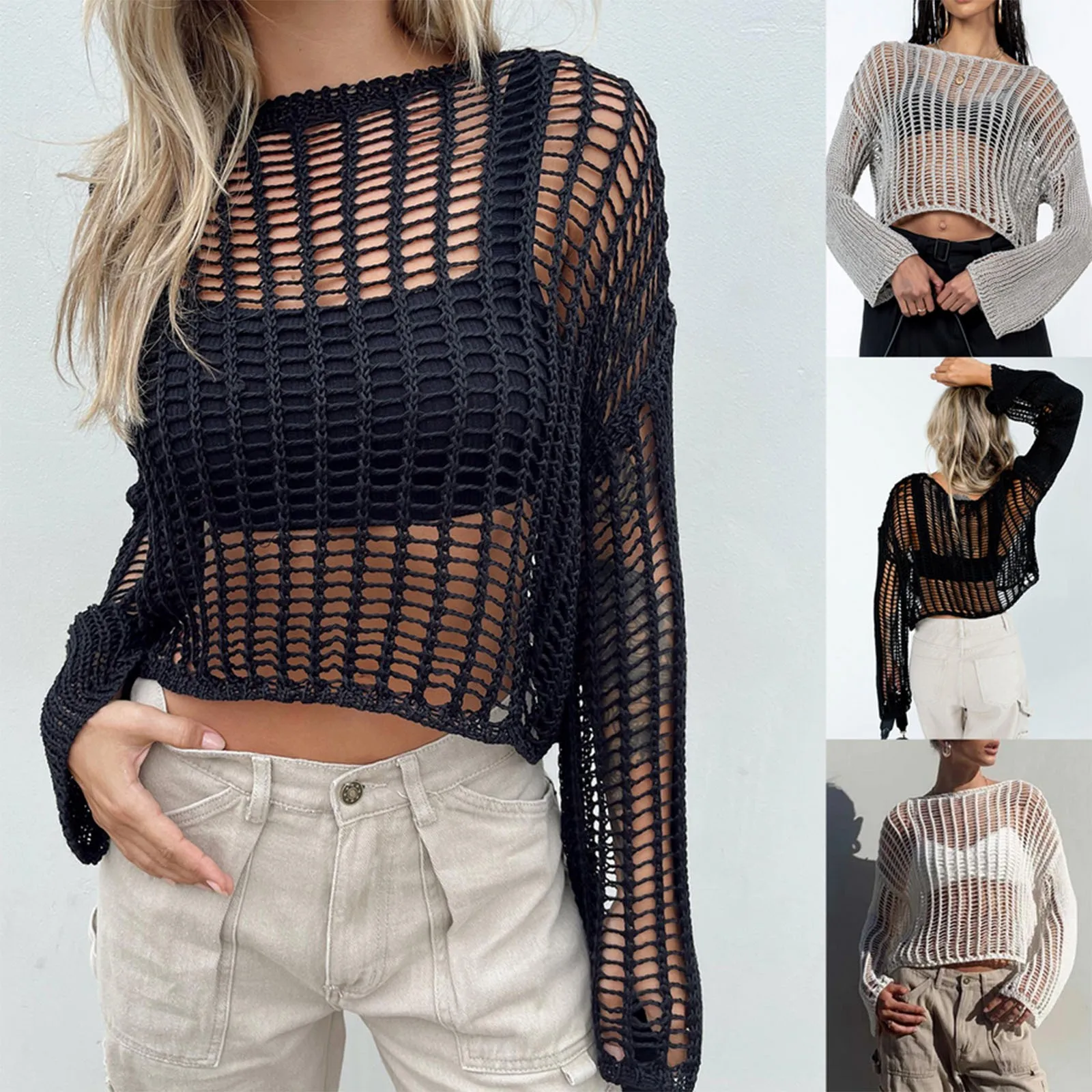 

Прозрачные ажурные накидки для бикини, укороченные топы, женская пляжная одежда, расклешенные Топы с длинным рукавом и бахромой, Y2K, накидка ...