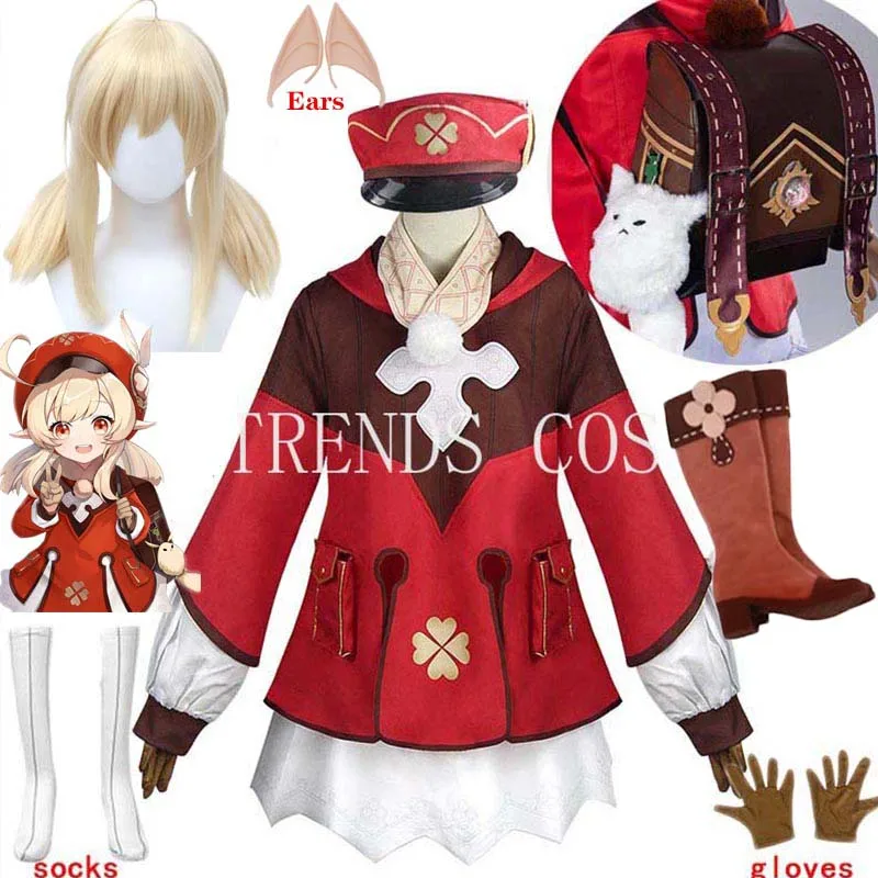 Genshin Impact Klee Cosplay Costume Backpack Dodoco Wig Klee Kids Outfits Dress Backpack Shoes Boots Halloween Carnival Comic