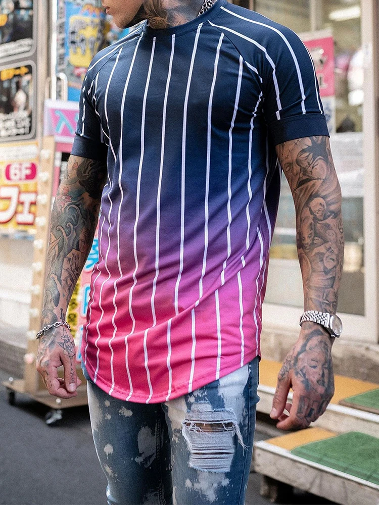 

Футболка мужская приталенная с коротким рукавом, Модный Повседневный пуловер в полоску, с круглым вырезом, уличная одежда, лето 2022