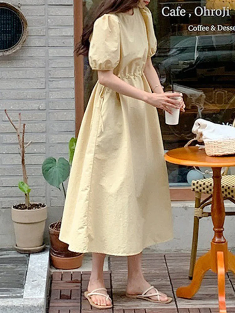 

Короткие корейские платья-трапеции с круглым вырезом и присборенной талией, женская одежда, Новинка лета 2023