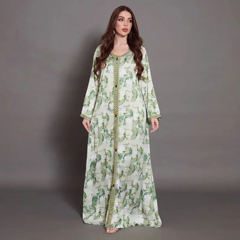 

Fresh Green Lotus Leaf Print Abaya Dress for Women Elegant Ethnic Tape Trim Long Sleeve Loose Arab Muslim Clothes Jalabiya 2022