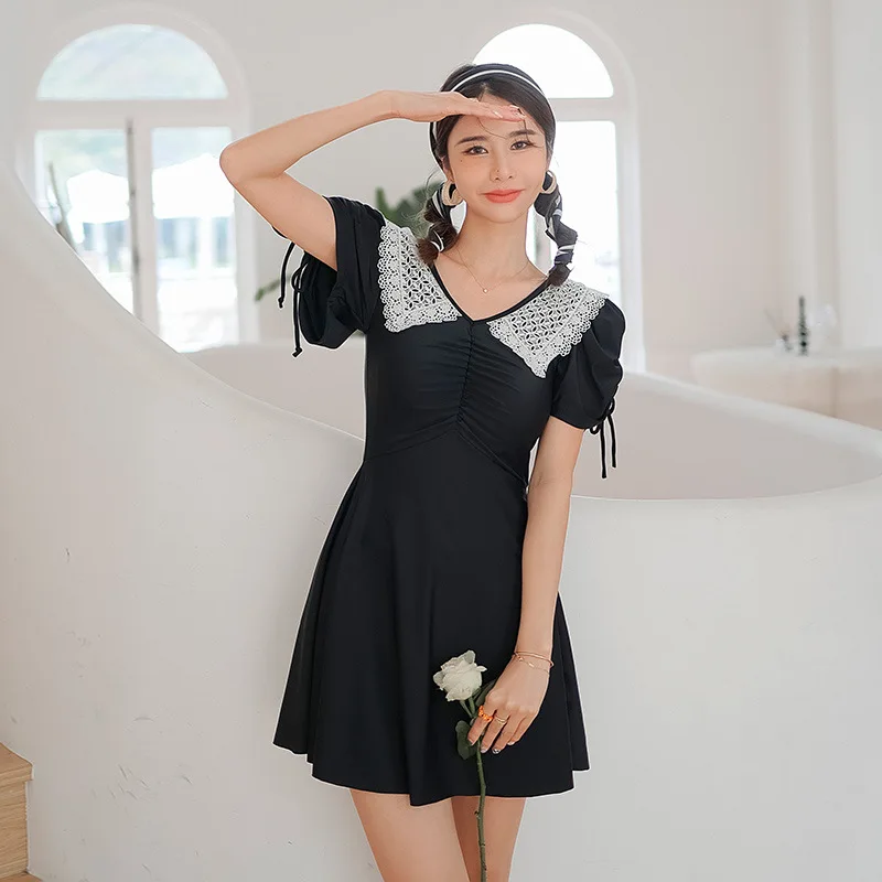 

Plus Size One Piece Swimsuit Beach Wear Swimwear Ladies New 2022 Female Short Sleeve Black Skirt Solid Polyester Swiming Suit