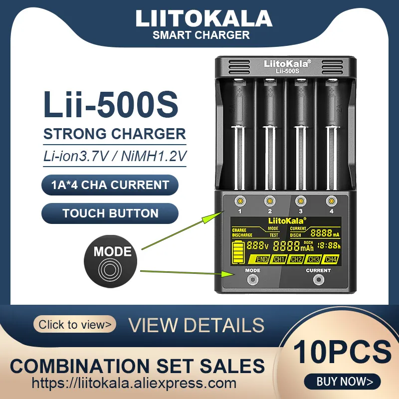 

10PCS Liitokala Lii-500S LCD 3.7V 18650 18350 18500 21700 20700B 20700 14500 26650 1.2V AA AAA NiMH Lithium Battery Charger