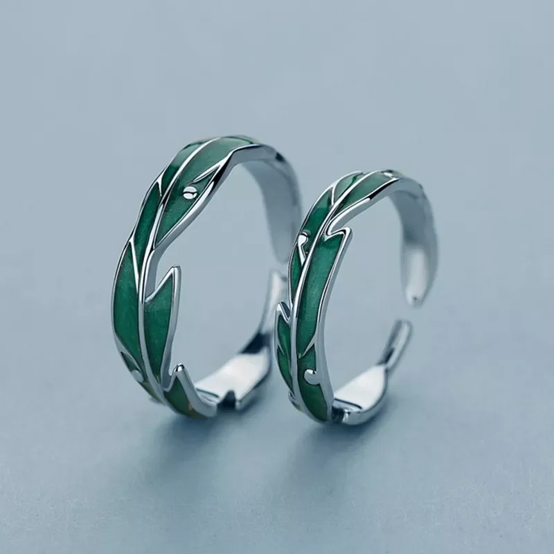 

Simple Irregular Green Leaves Couple Ring For Women Lover Silver Color Open Resizable Rings Romantic Wedding Jewelry
