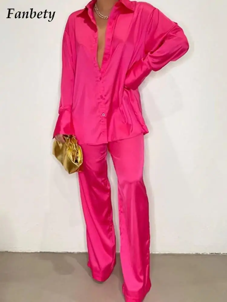 

Women Fashion Solid Satin Homewear Suit Summer Sexy Turn-down Collar Button Blouse+Straight Pants Set Ladies Loose Pajamas Sets