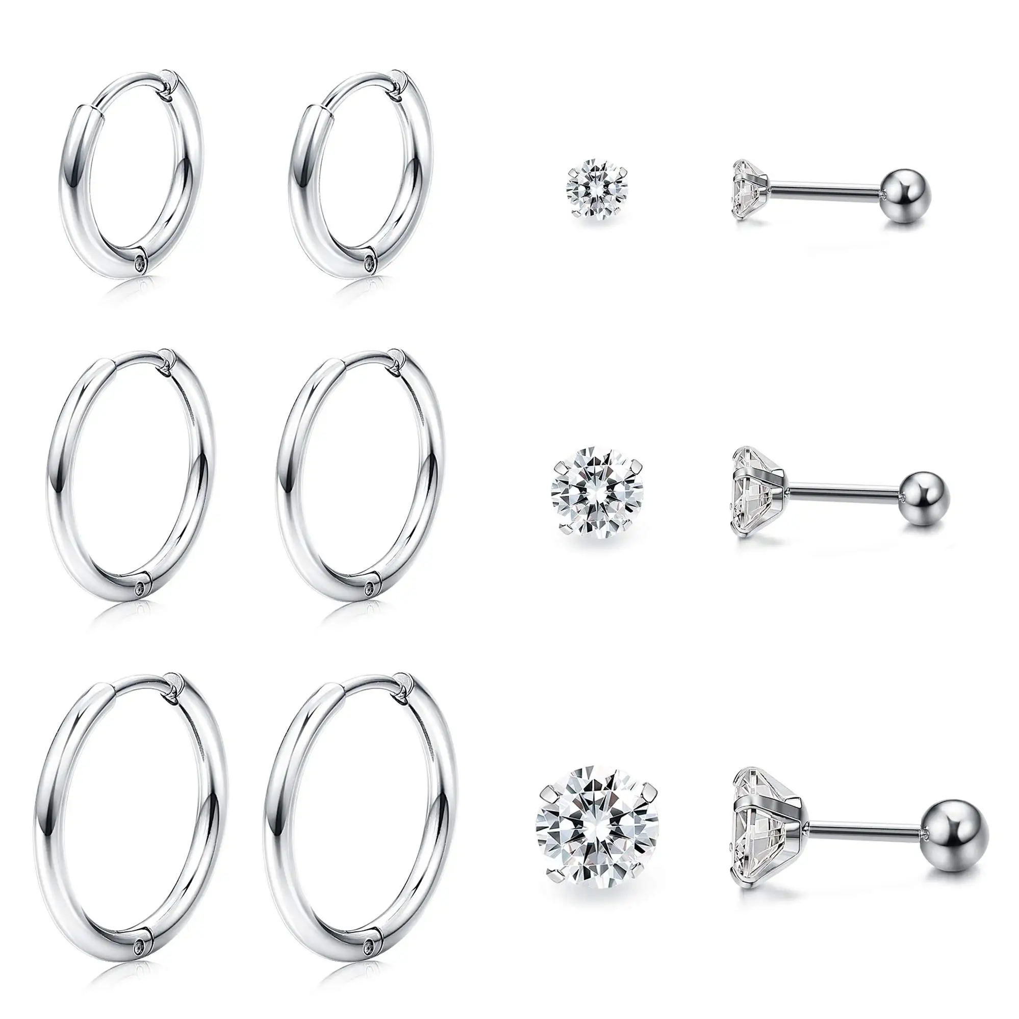 

6 Pairs Small Hoop Stud Earring Set for Men Women Cubic Zirconia Stud Earrings Stainless Steel CZ Cartilage Huggie Hoop Earrings