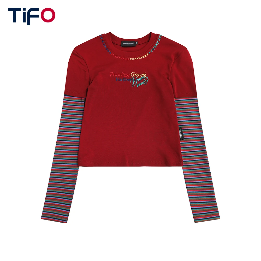 

Striped Spliced Sleeves Crew Neck T-Shirt Women Streetwear Letter Embroidery Casual Long Sleeve Tee
