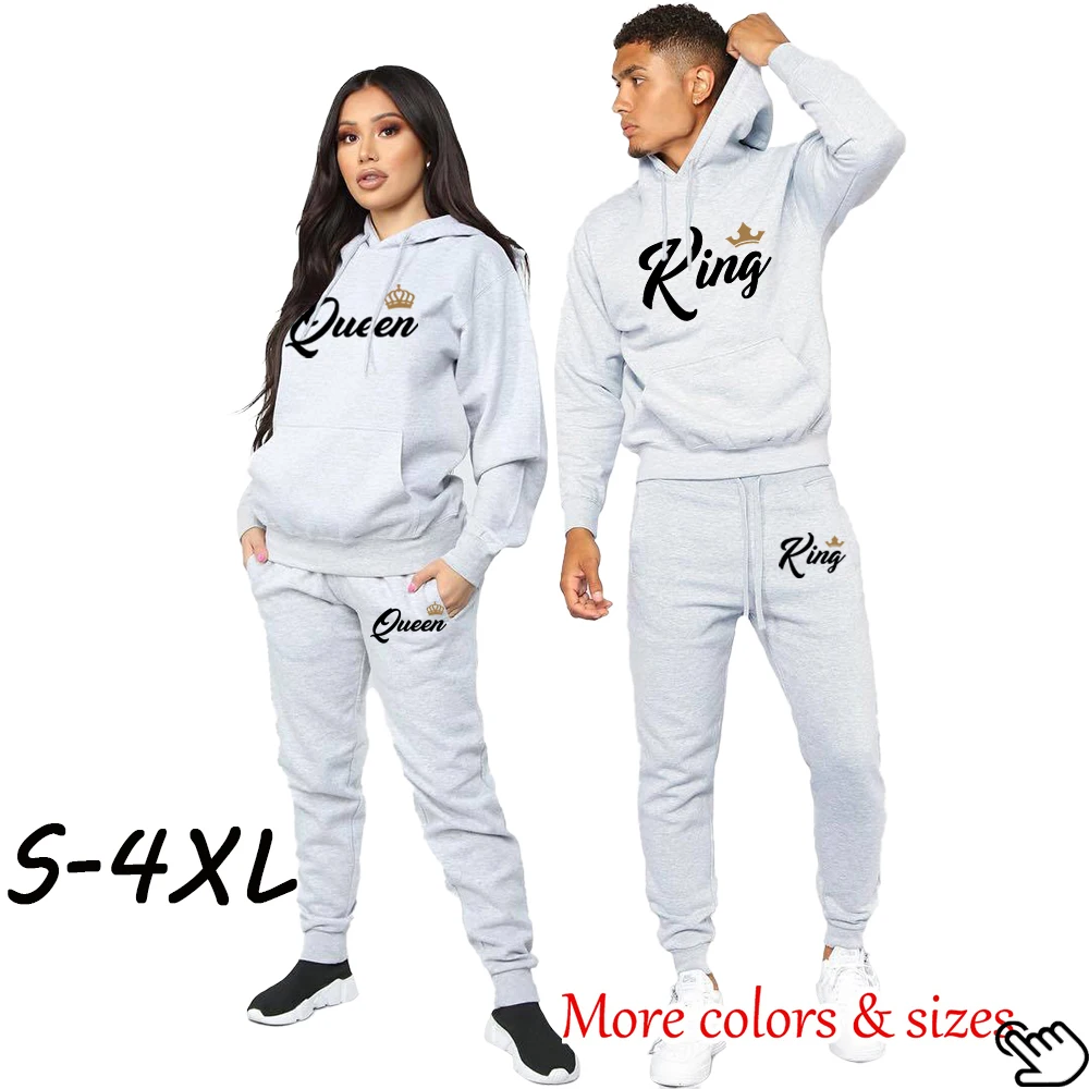 Couple Sportwear 2022 Fashion Set KING QUEEN Printed Lover Hooded Suits Hoodie and Pants 2pcs Set Streetwear Men Women Clothing