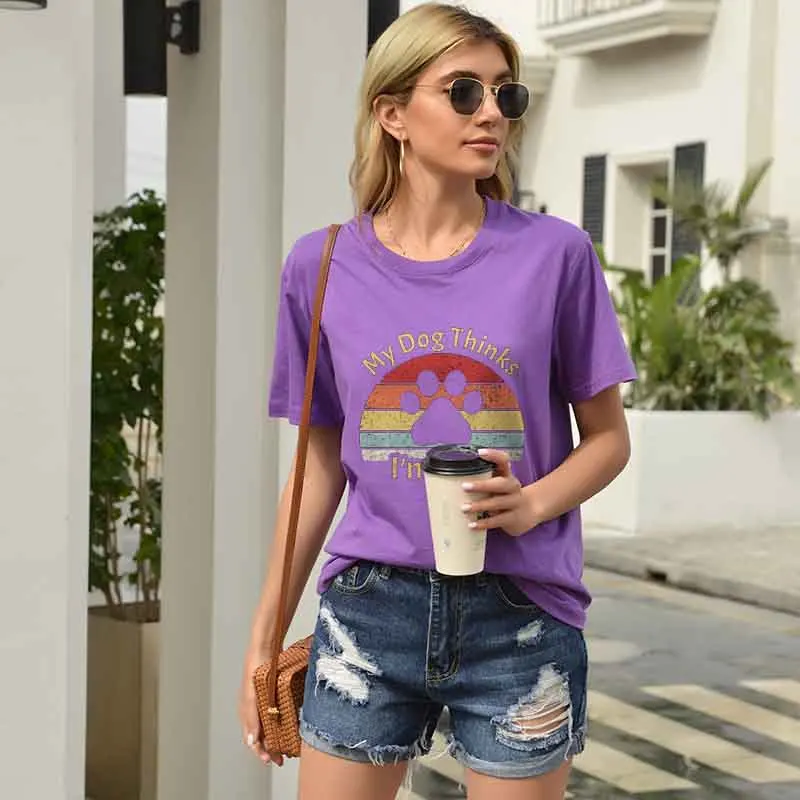 

Женская забавная Футболка с принтом My Dog Thinks, повседневные хлопковые футболки, топы, уличная одежда в стиле Харадзюку, футболки с принтом
