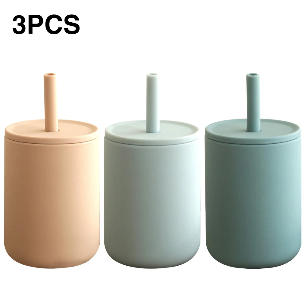 

3pcs Food Grade Learning Infants With Straw Lid Water Milk Sippy Feeding Baby Silicone Cup Sprill Proof For Toddler Drink