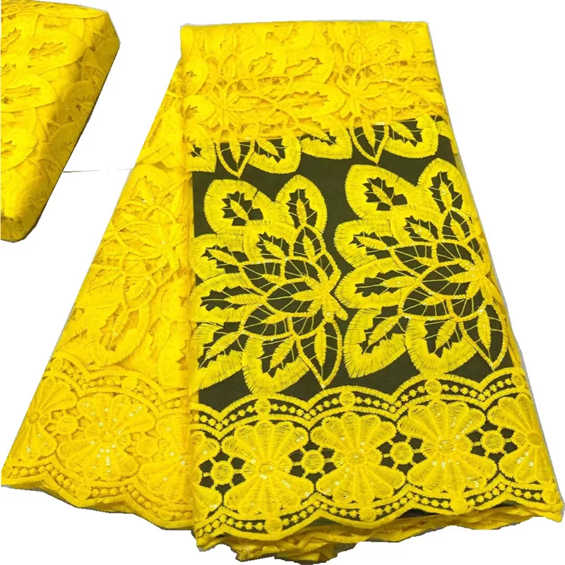 

African Net Lace Fabric 2022 Fashion Yellow Nigerian Guipure Embroidery French Sequins Mesh Lace Fabric 5 Yards For Sew Clothes