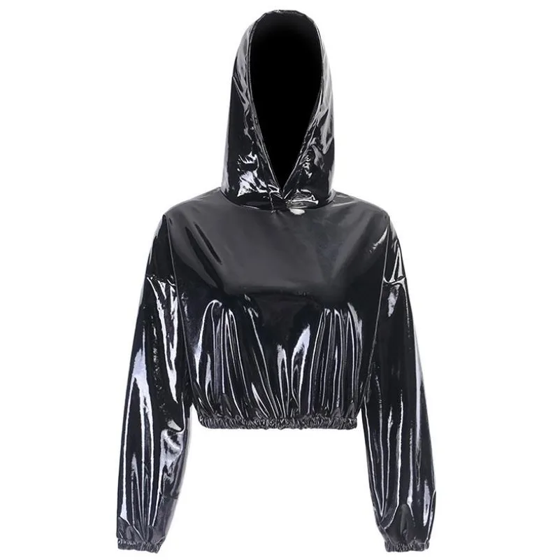 2023 New Fall/winter New Style Sweater Women Short Cropped PU Leather Shiny Shiny Hoodie Fashion Jacket Slim Fit Ladies Smooth