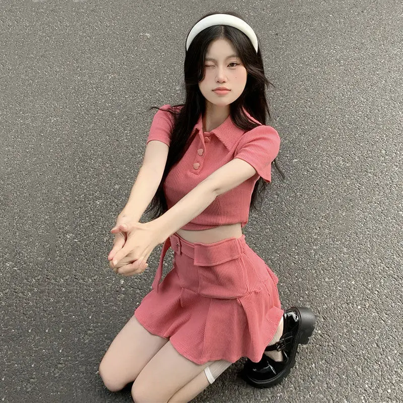 

Korean Fashion Two Piece Summer New Sweet Solid Color Women's Skirts Sexy Street Slim Skirt Woman Pink Fashion Simple Chic Top