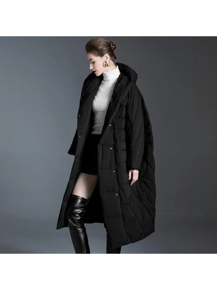 High-End 2022 Winter Long Thicked Black Hooded 90 White Down Coats Women Loose Comfortable Warmer Bread Cloth Jackets
