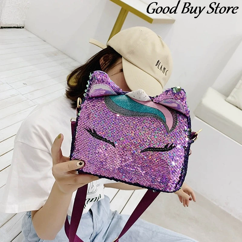 

Sequins Children Kids Crossbody Bags Glitter Shoulder Bag Unicorn Shiny Coin Purse Fashion Handbag Party Clutch Totes Purse Cat