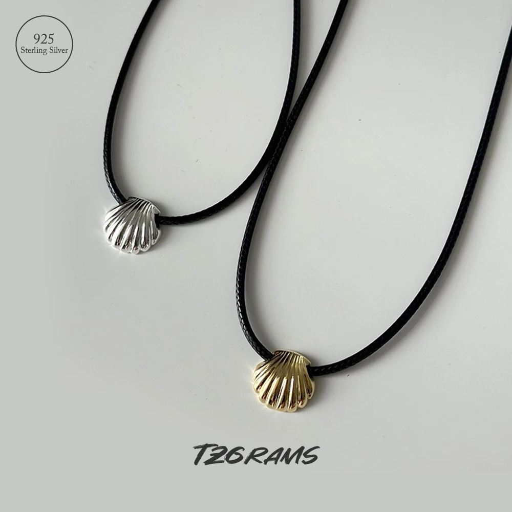 

TZgrams 925 Sterling Silver Gold Shell Pendant Black Rope Necklace for Women Fever Same Korean Trending Beach Holiday Jewelry