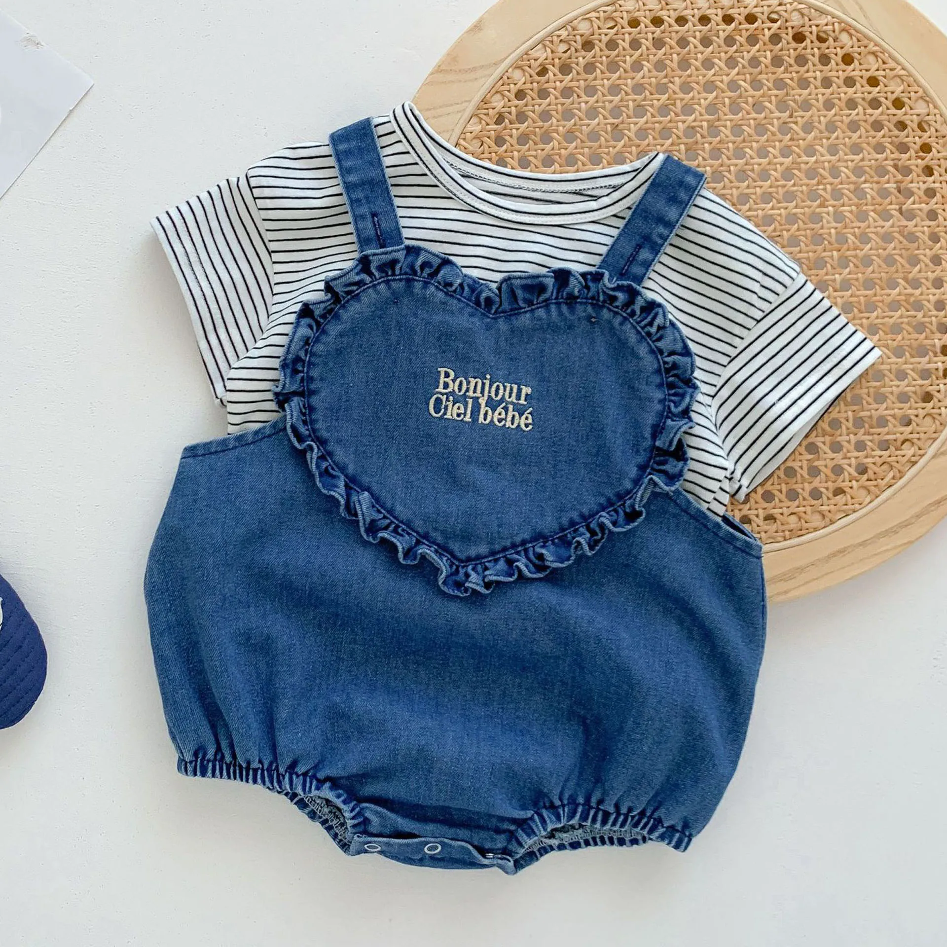 0-3T Baby Summer Clothing Infant Girls Denim Strap Romper Short Sleeved T-Shirt Cute Childrens Clothing Newborn Baby Girls Sets