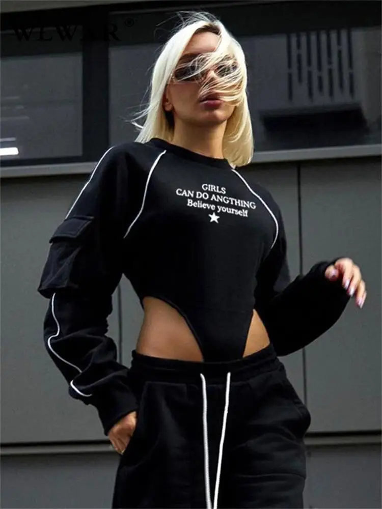 

Женский Осенний комбинезон WLWXR 2022 с круглым вырезом и длинным рукавом, боди с буквенным принтом, цельный уличный костюм, женский черный боди