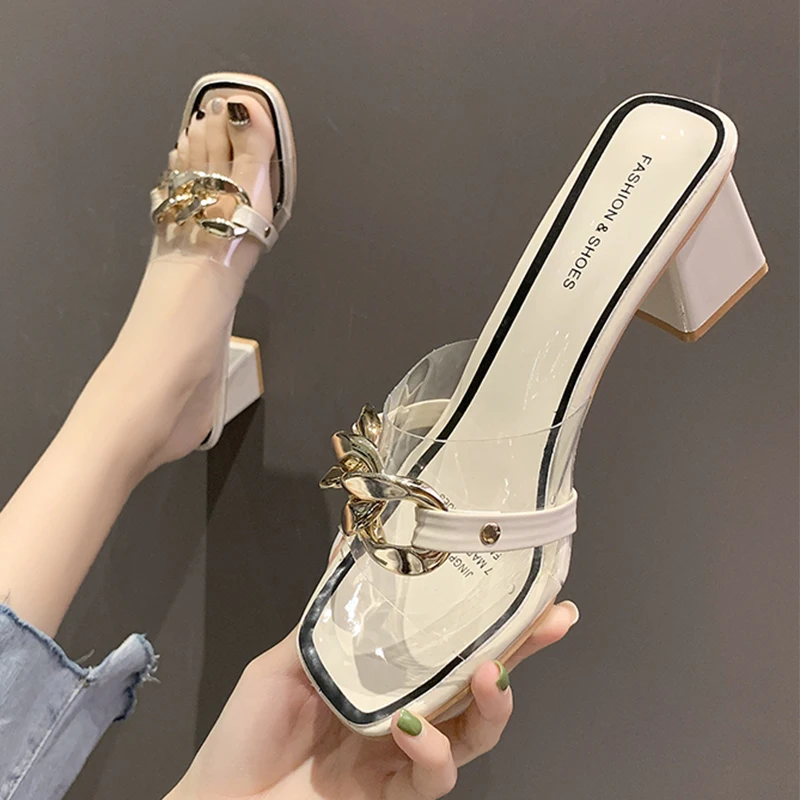 

Шлепанцы женские с открытым носком, пляжные классические сандалии на каблуке средней высоты, шлепанцы с цепочкой из ПВХ, лето 2023