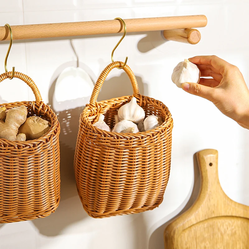 

Японская кухонная корзина для хранения зеленого лука, имбиря и чеснока, настенная подвесная плетеная ручная корзина из ротанга