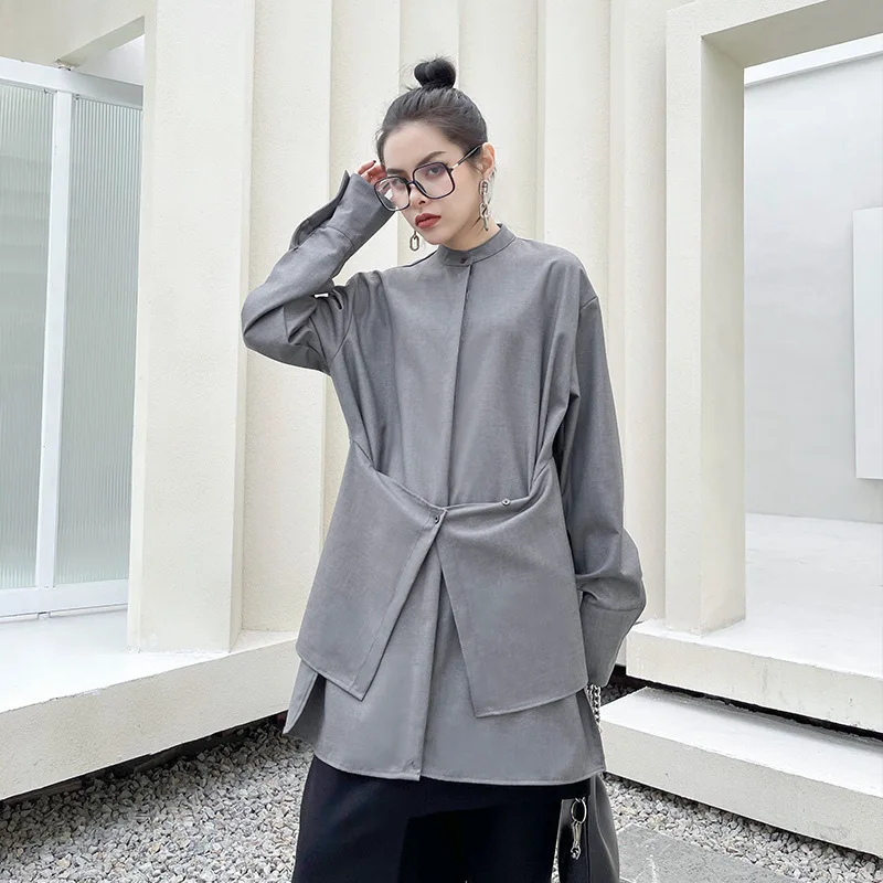 

Japan Style Long Sleeve Stand Collar Shirt 2022 Spring Autumn Loose Irregular Splice Solid Color Vintage Tops Blouse Female 8501