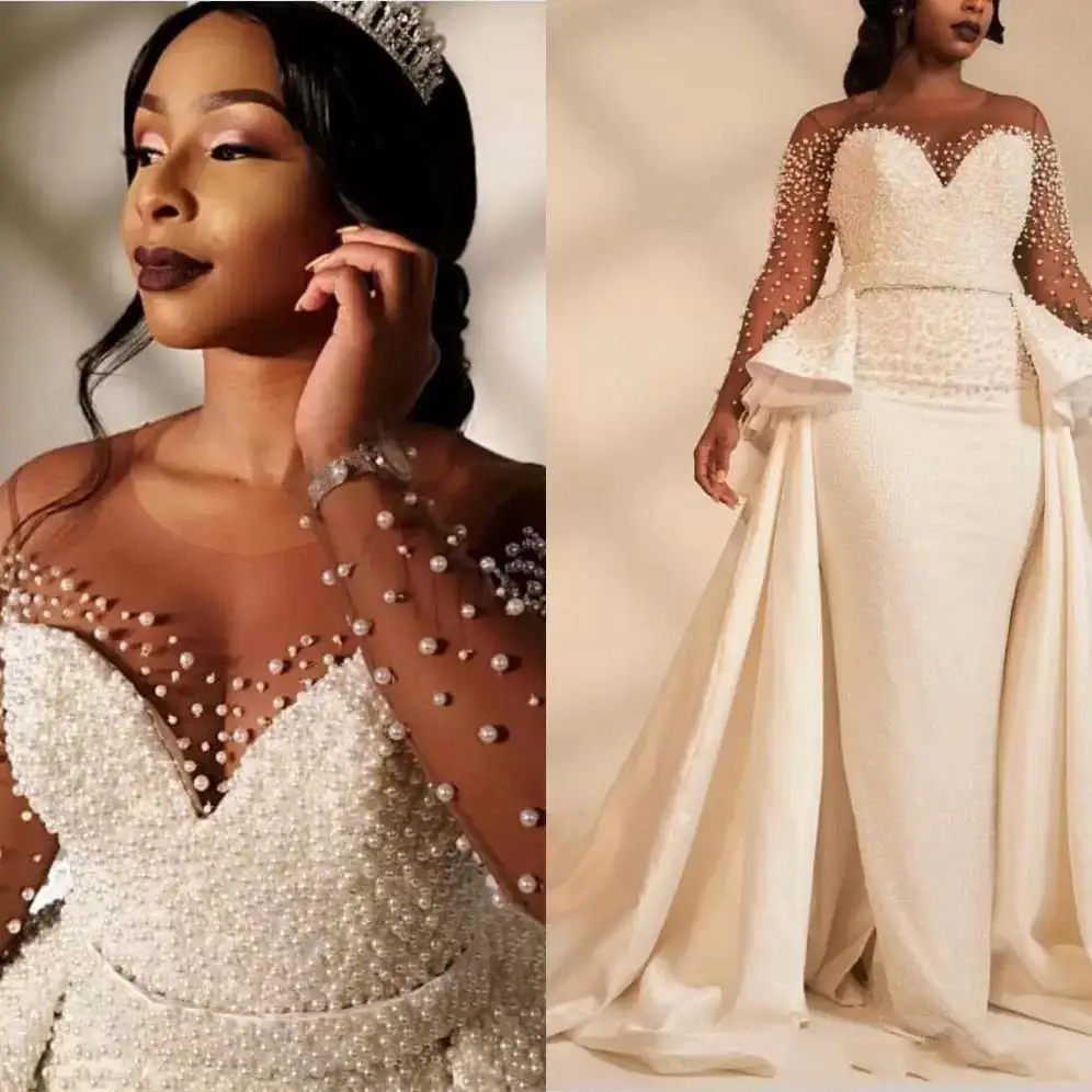 

African Plus Size Wedding Dresses With Overskirts Sheer Neck Long Sleeves Bridal Gowns South African Trumpet Wedding Dress 2023