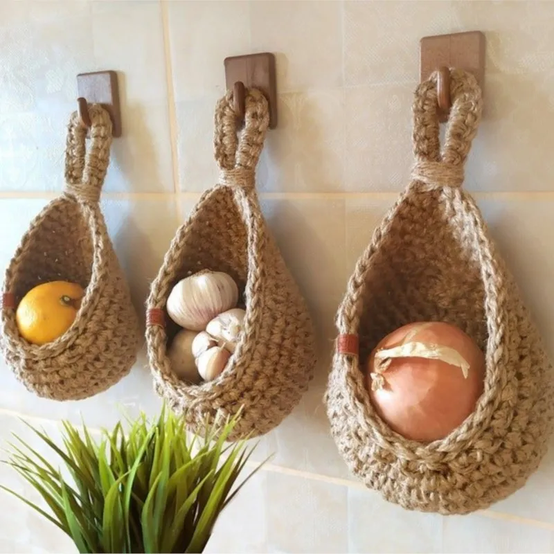 

Wall Hanging Vegetable Fruit Cotton Hemp Basket Woven Fruit Basket For Kitchen Wall Hanging Storage Basket Kitchen Holder ZC248
