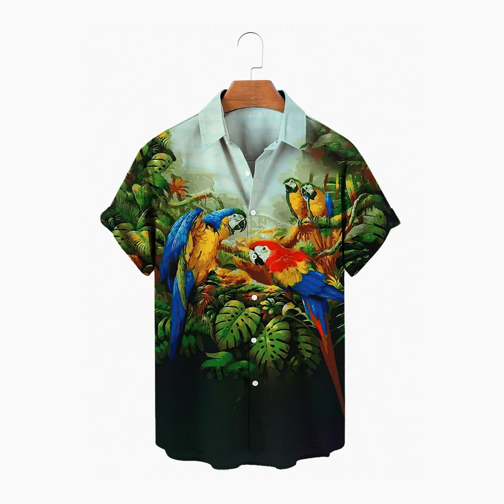 Hawaiian Men's Short Sleeved Shirt, Open Neck, Single Button, Parrot And Animal Print, Fashion, Beach Top, Summer 2022