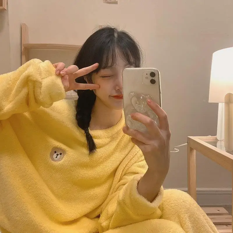 QWEEK Winter Women's Pajamas Gray Yellow Bear Embroidery Flannel Pijamas Round Neck Long Sleeved Trousers Pyjamas Sleepwear Cute