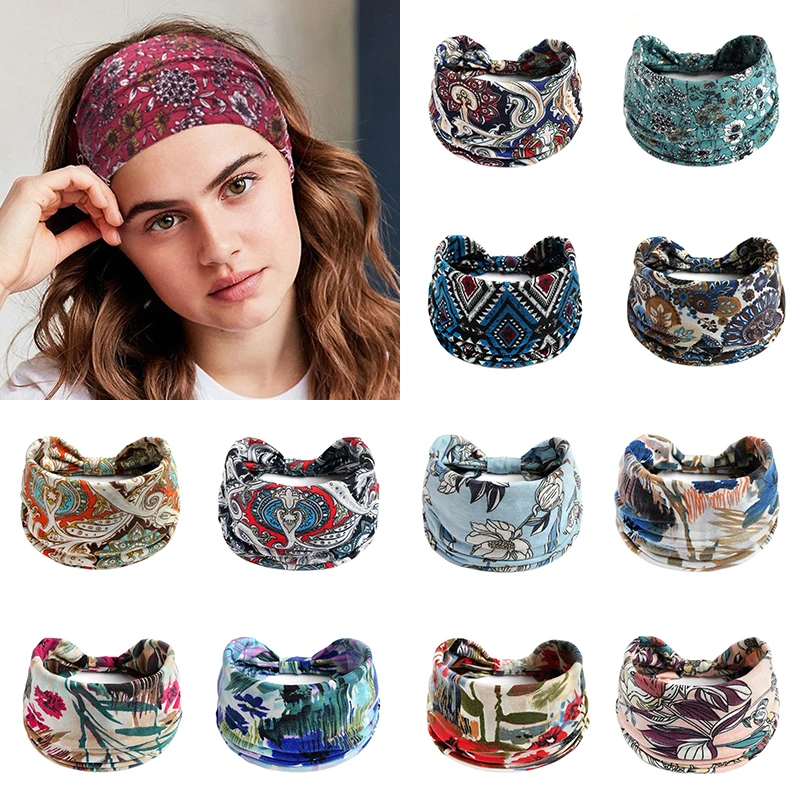 

Vintage Cashew Yoga Hairband Boho Flower Print Wide Elastic Headbands Knot Turban Bandana Hair Accessories Cotton Soft Headwrap