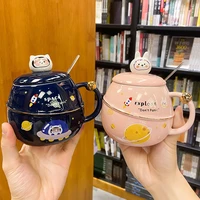 cartoon rabbit space astronaut rocket mugs ceramic cups with lid spoon water cup mug milk coffee ceramic mugs new year gift cups