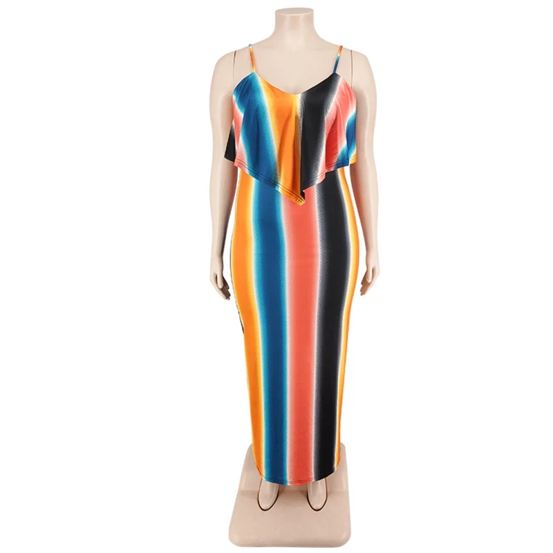 

Женское летнее платье-макси на бретелях-спагетти с оборками и V-образным вырезом