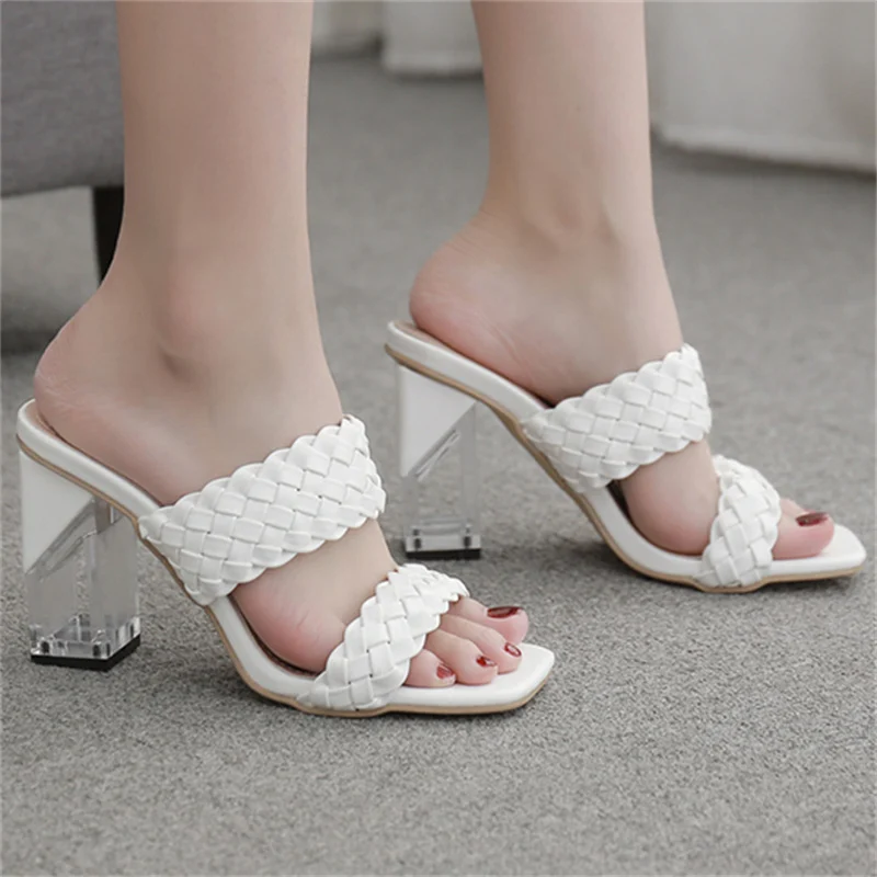 

2022 Summer Fashion Women 10cm High Heels Mules Weave Leather Slides Chunky Clear Block Heels Slippers Platform Fetish Shoes