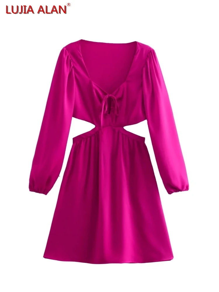 

Женское атласное платье на шнуровке с вырезами на талии, летнее женское свободное мини-платье с длинным рукавом, LUJIA ALAN WD059